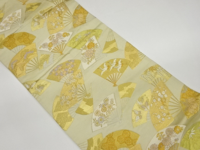 扇に松竹梅・蝶・花々模様織出し袋帯